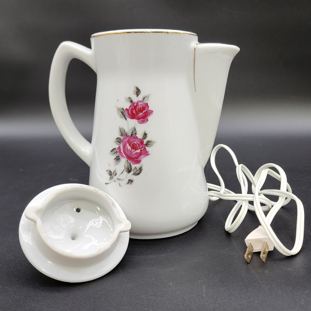 Royal Sealy Small White Pink Rose VTG Electric Porcelain Teapot Japan Floral